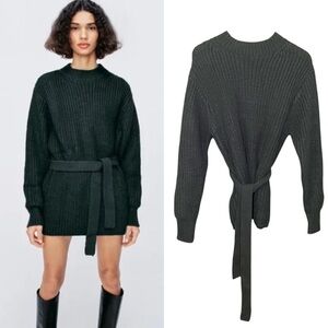Zara Dark Green Long Belted Sweater S Cable Knit Mock Neck Oversized Soft